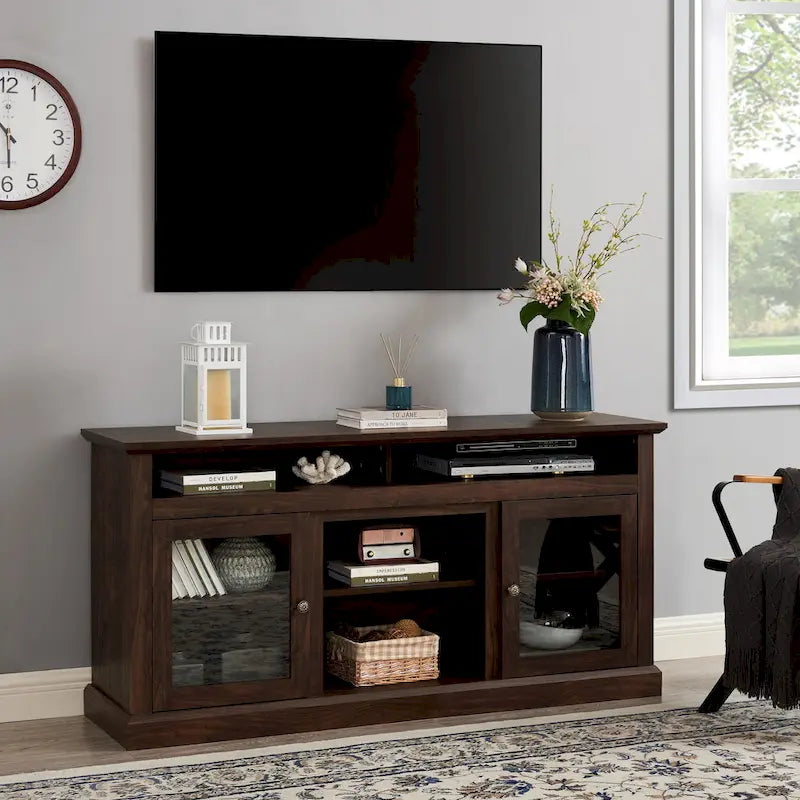 Meuble TV en bois rustique marron et métal avec 4 étagères ouvertes et 2 placards – Individuel