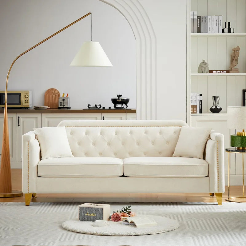 Canapé 3 places chenille noir / gris / beige de style scandinave avec pieds en métal doré