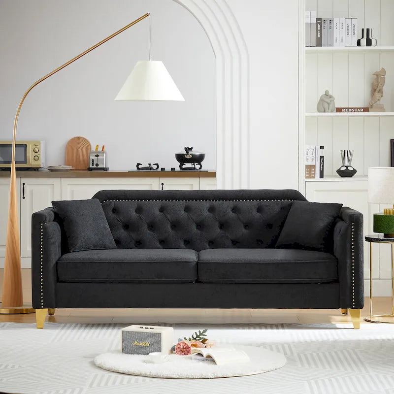 Canapé 3 places chenille noir / gris / beige de style scandinave avec pieds en métal doré