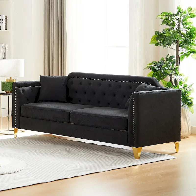 Canapé 3 places chenille noir / gris / beige de style scandinave avec pieds en métal doré