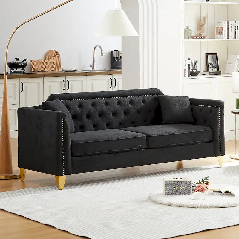 Canapé 3 places chenille noir / gris / beige de style scandinave avec pieds en métal doré