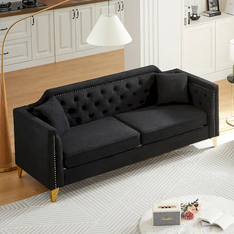 Canapé 3 places chenille noir / gris / beige de style scandinave avec pieds en métal doré