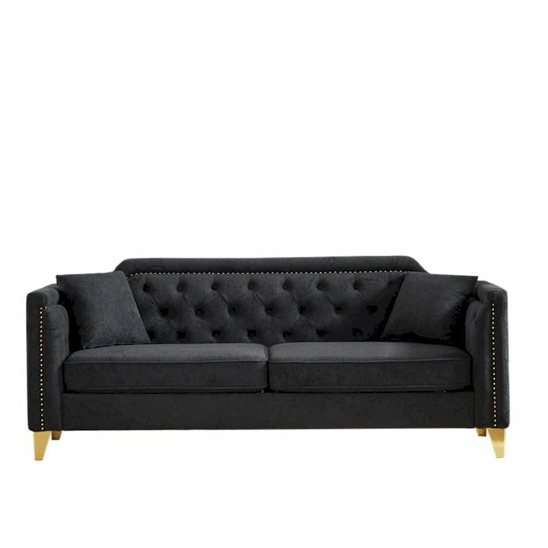 Canapé 3 places chenille noir / gris / beige de style scandinave avec pieds en métal doré