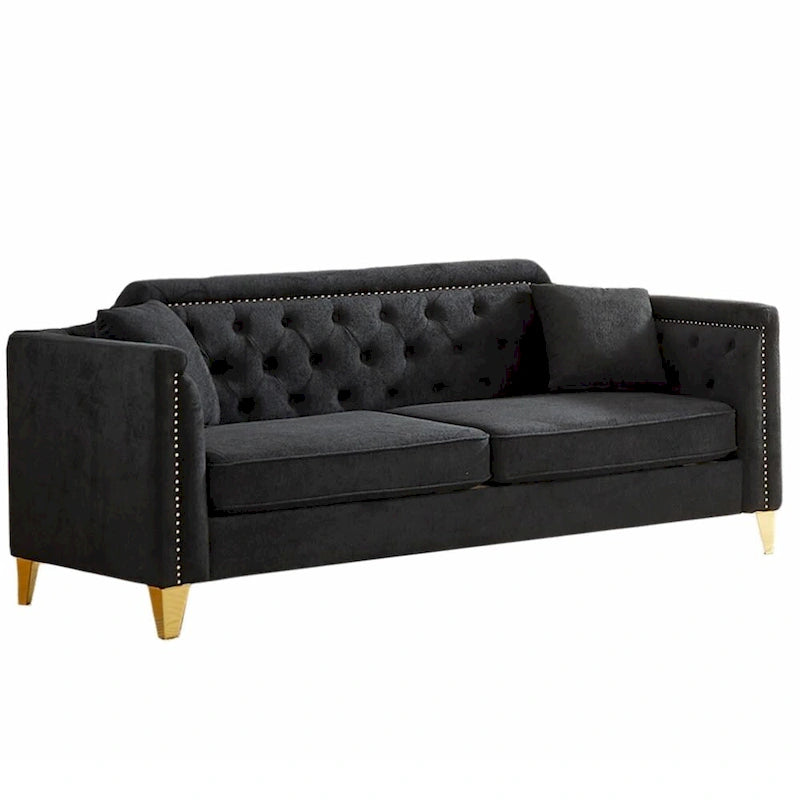 Canapé 3 places chenille noir / gris / beige de style scandinave avec pieds en métal doré