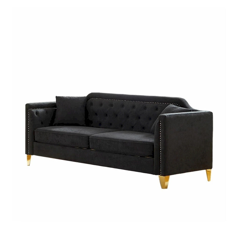 Canapé 3 places chenille noir / gris / beige de style scandinave avec pieds en métal doré