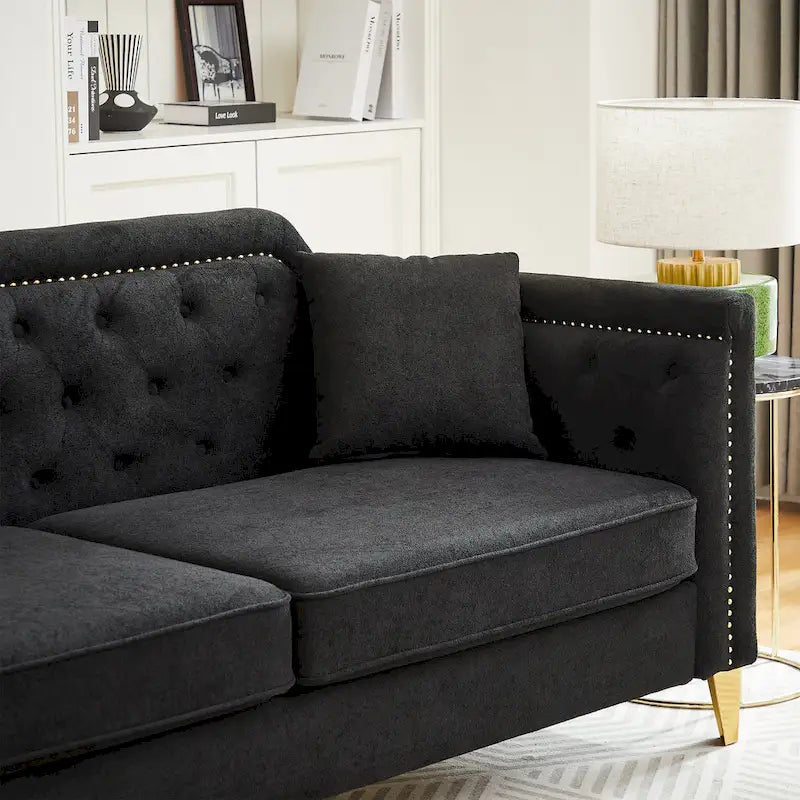 Canapé 3 places chenille noir / gris / beige de style scandinave avec pieds en métal doré