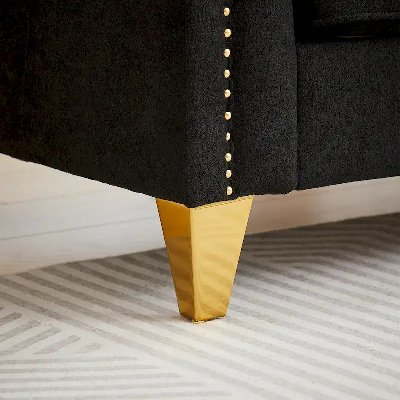 Canapé 3 places chenille noir / gris / beige de style scandinave avec pieds en métal doré