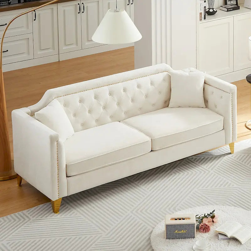 Canapé 3 places chenille noir / gris / beige de style scandinave avec pieds en métal doré