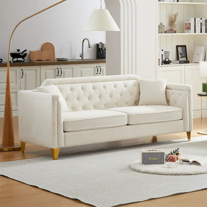 Canapé 3 places chenille noir / gris / beige de style scandinave avec pieds en métal doré