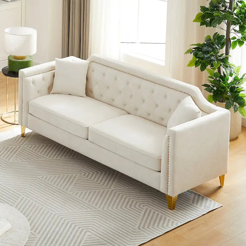 Canapé 3 places chenille noir / gris / beige de style scandinave avec pieds en métal doré
