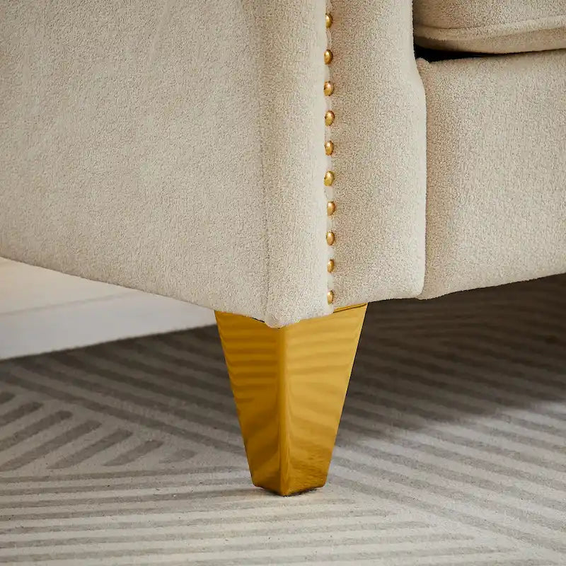Canapé 3 places chenille noir / gris / beige de style scandinave avec pieds en métal doré