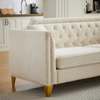 Canapé 3 places chenille noir / gris / beige de style scandinave avec pieds en métal doré