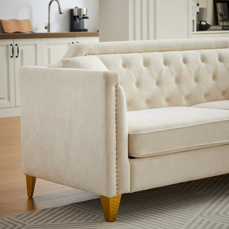 Canapé 3 places chenille noir / gris / beige de style scandinave avec pieds en métal doré