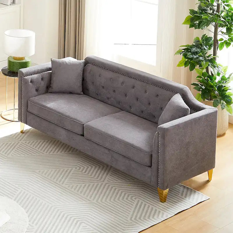 Canapé 3 places chenille noir / gris / beige de style scandinave avec pieds en métal doré