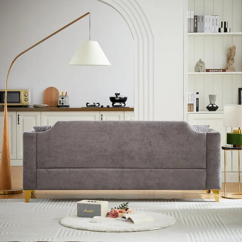 Canapé 3 places chenille noir / gris / beige de style scandinave avec pieds en métal doré