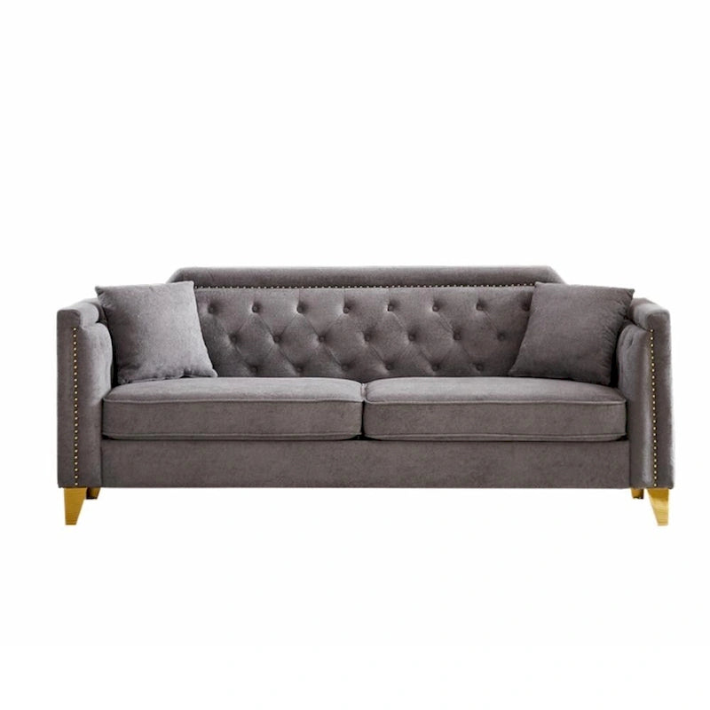 Canapé 3 places chenille noir / gris / beige de style scandinave avec pieds en métal doré