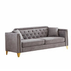 Canapé 3 places chenille noir / gris / beige de style scandinave avec pieds en métal doré