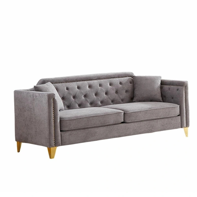 Canapé 3 places chenille noir / gris / beige de style scandinave avec pieds en métal doré