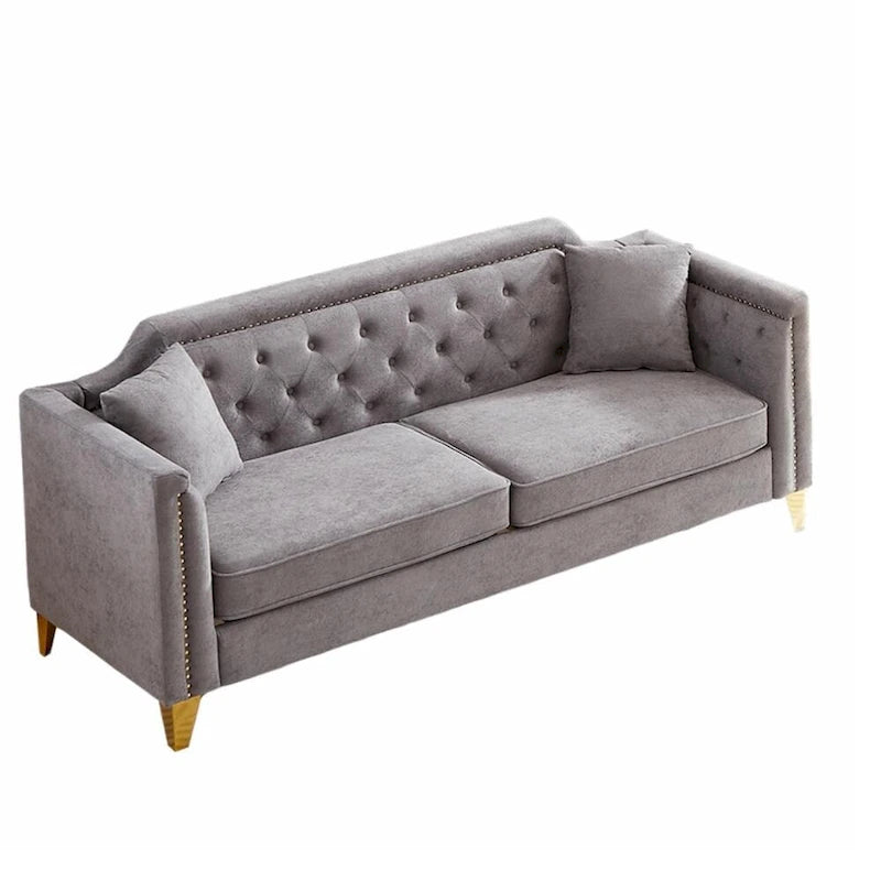 Canapé 3 places chenille noir / gris / beige de style scandinave avec pieds en métal doré