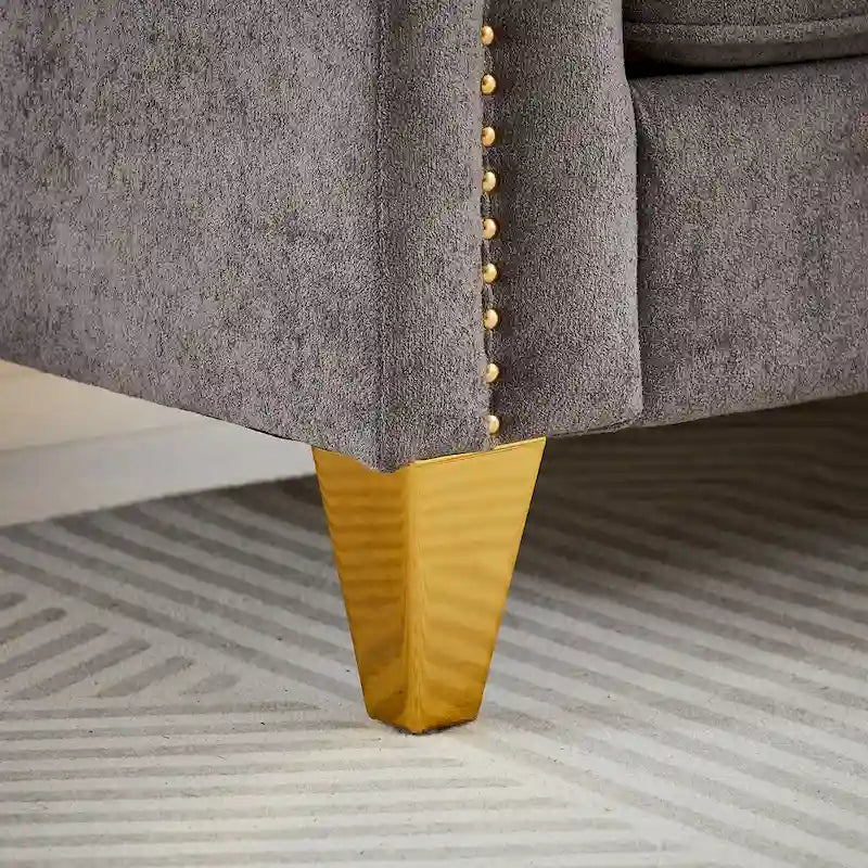 Canapé 3 places chenille noir / gris / beige de style scandinave avec pieds en métal doré
