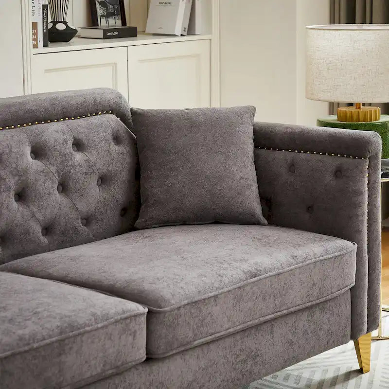 Canapé 3 places chenille noir / gris / beige de style scandinave avec pieds en métal doré