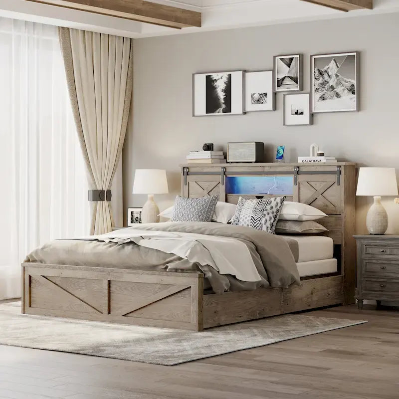 Lit plateforme queen-size de style campagnard gris avec tête de lit LED, station de charge et tiroirs de rangement – 2 places