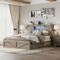 Lit plateforme queen-size de style campagnard gris avec tête de lit LED, station de charge et tiroirs de rangement – 2 places