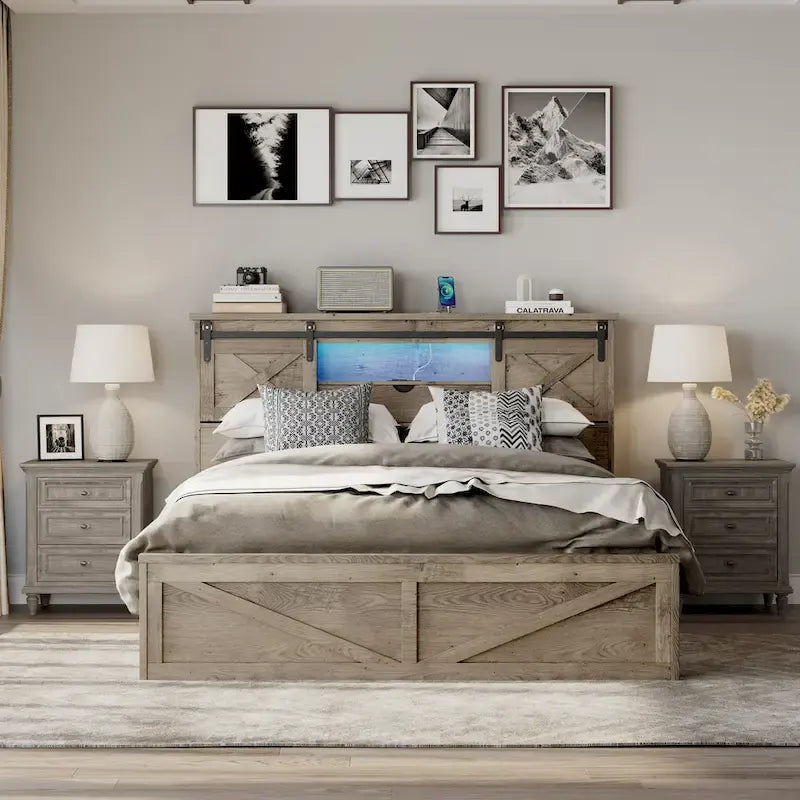Lit plateforme queen-size de style campagnard gris avec tête de lit LED, station de charge et tiroirs de rangement – 2 places