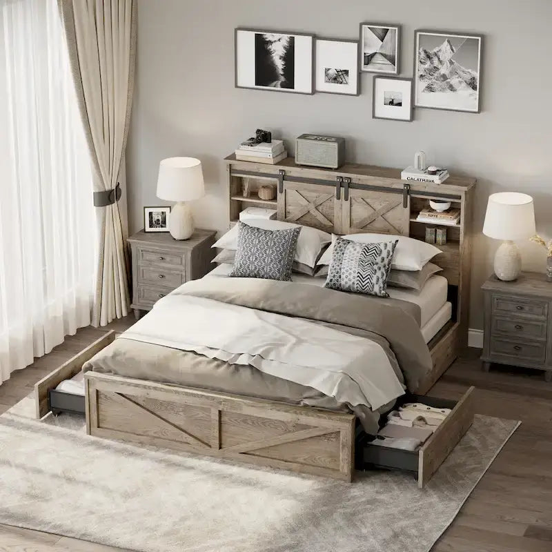 Lit plateforme queen-size de style campagnard gris avec tête de lit LED, station de charge et tiroirs de rangement – 2 places