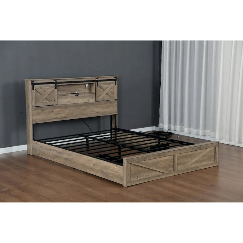 Lit plateforme queen-size de style campagnard gris avec tête de lit LED, station de charge et tiroirs de rangement – 2 places