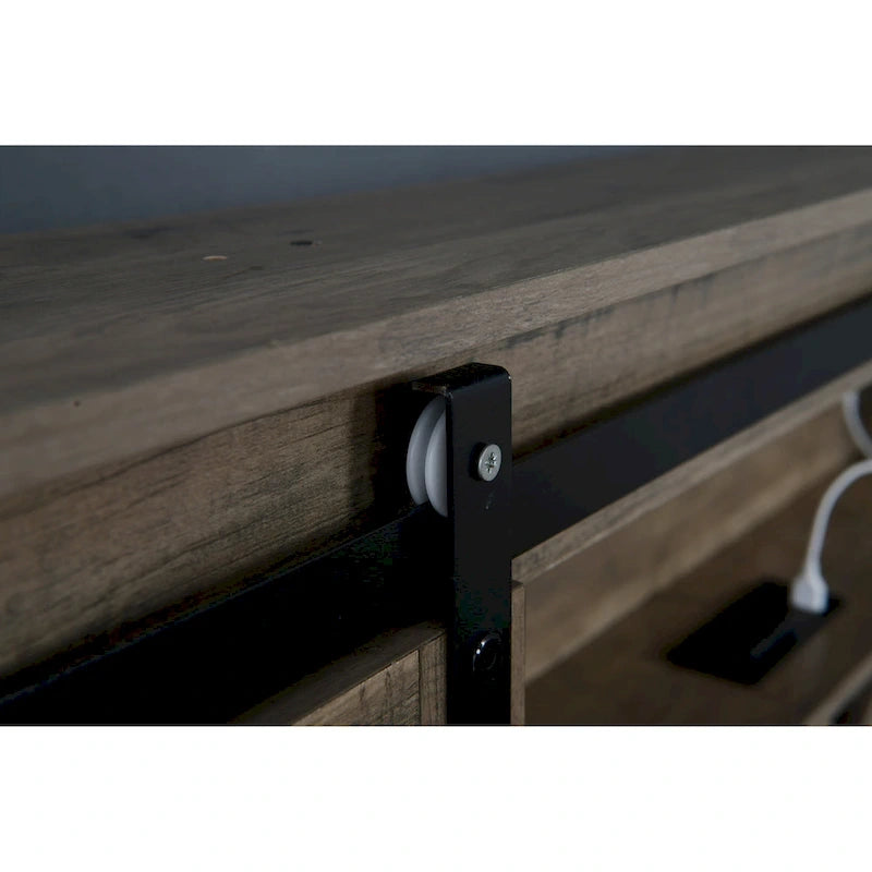 Lit plateforme queen-size de style campagnard gris avec tête de lit LED, station de charge et tiroirs de rangement – 2 places