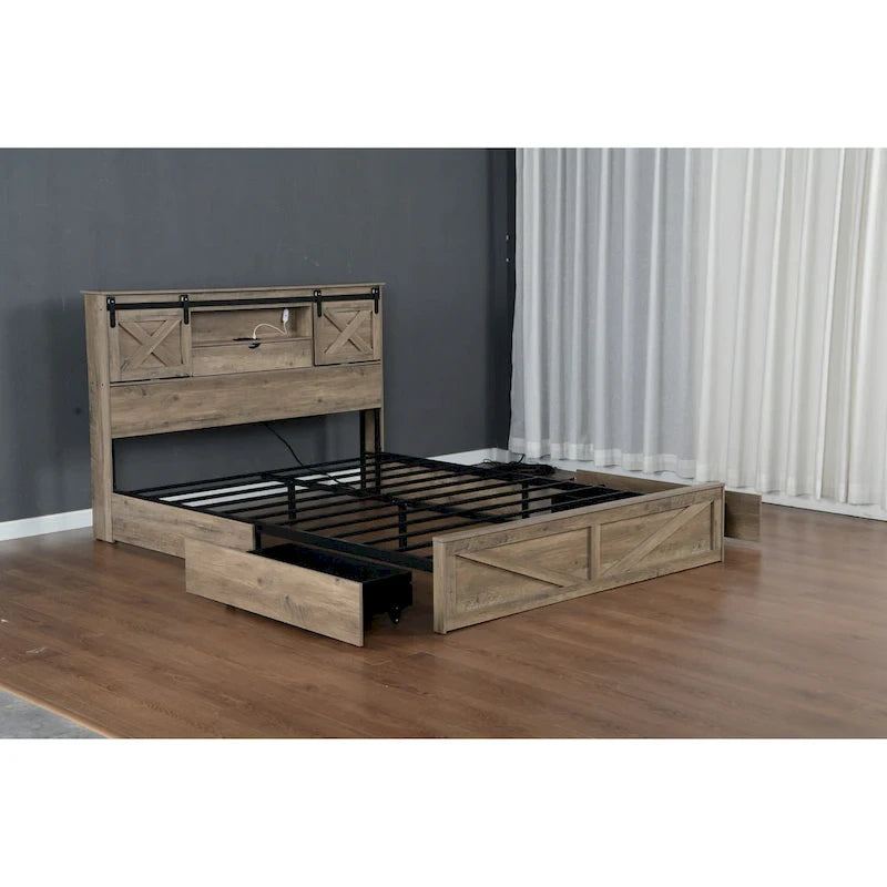 Lit plateforme queen-size de style campagnard gris avec tête de lit LED, station de charge et tiroirs de rangement – 2 places