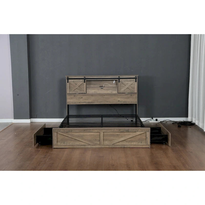 Lit plateforme queen-size de style campagnard gris avec tête de lit LED, station de charge et tiroirs de rangement – 2 places