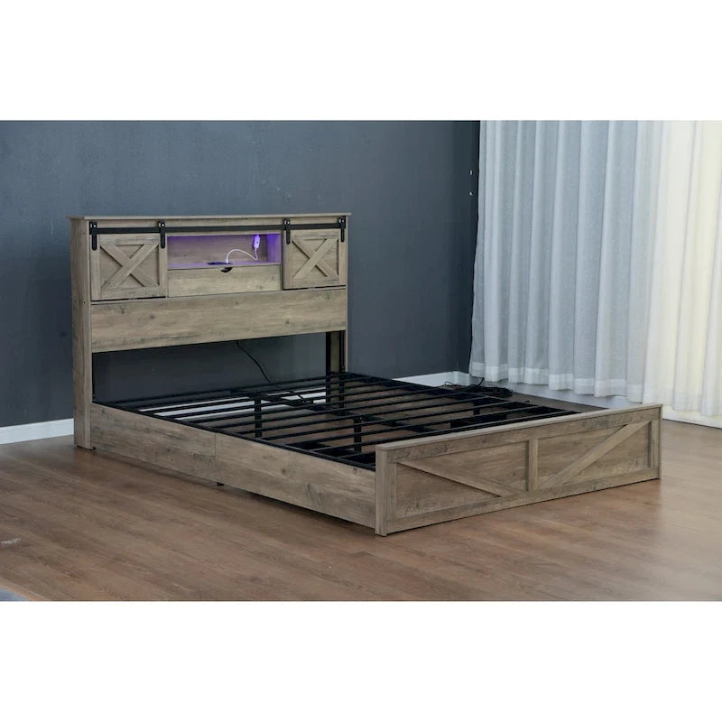 Lit plateforme queen-size de style campagnard gris avec tête de lit LED, station de charge et tiroirs de rangement – 2 places