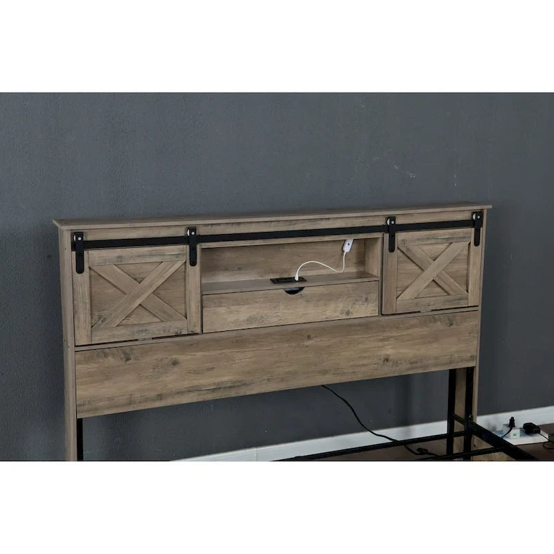 Lit plateforme queen-size de style campagnard gris avec tête de lit LED, station de charge et tiroirs de rangement – 2 places