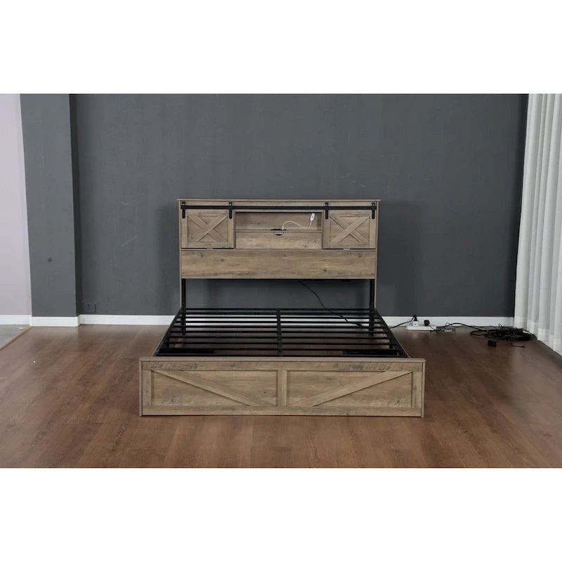Lit plateforme queen-size de style campagnard gris avec tête de lit LED, station de charge et tiroirs de rangement – 2 places