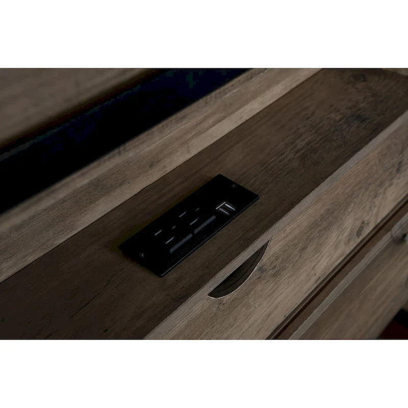 Lit plateforme queen-size de style campagnard gris avec tête de lit LED, station de charge et tiroirs de rangement – 2 places