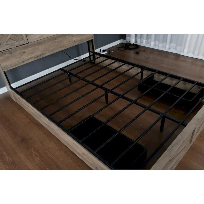 Lit plateforme queen-size de style campagnard gris avec tête de lit LED, station de charge et tiroirs de rangement – 2 places
