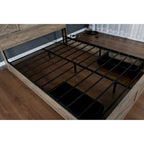 Lit plateforme queen-size de style campagnard gris avec tête de lit LED, station de charge et tiroirs de rangement – 2 places