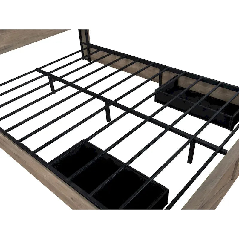 Lit plateforme queen-size de style campagnard gris avec tête de lit LED, station de charge et tiroirs de rangement – 2 places