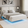 Lit plateforme queen-size en velours beige/gris avec éclairage LED RVB sous le lit – 2 places