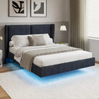 Queen Size Velvet Floating Platform Bed Frame with Under-Bed Smart LED Lights 6  Storage Space & Easy Assembly
