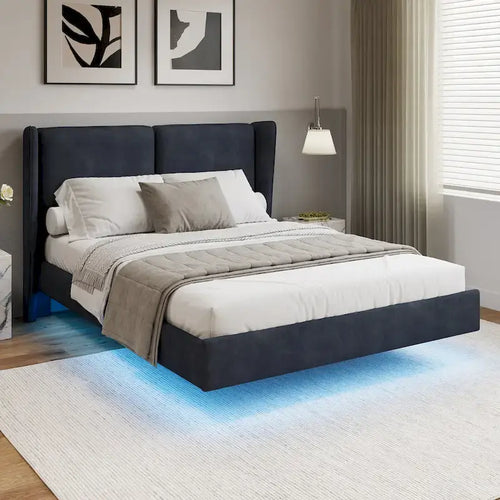 Queen Size Velvet Floating Platform Bed Frame with Under-Bed Smart LED Lights 6  Storage Space & Easy Assembly