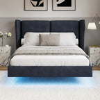 Lit plateforme queen-size en velours beige/gris avec éclairage LED RVB sous le lit – 2 places