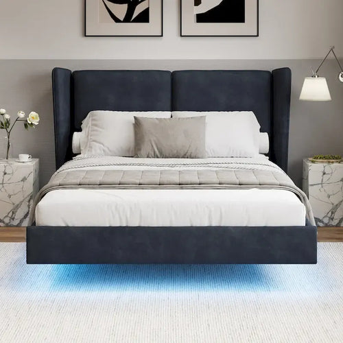 Lit plateforme queen-size en velours beige/gris avec éclairage LED RVB sous le lit – 2 places