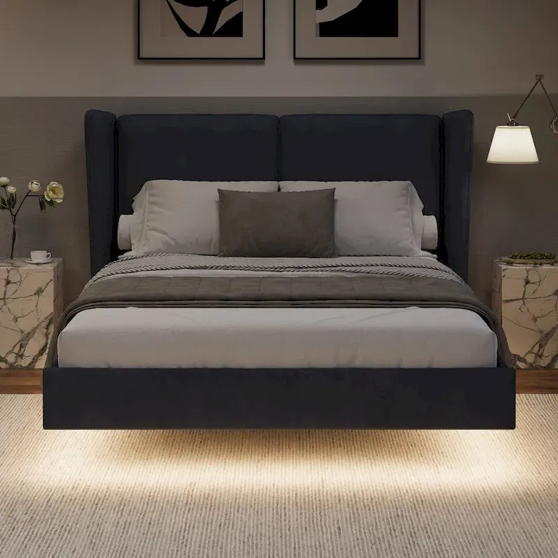 Lit plateforme queen-size en velours beige/gris avec éclairage LED RVB sous le lit – 2 places