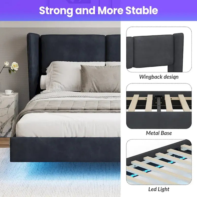 Lit plateforme queen-size en velours beige/gris avec éclairage LED RVB sous le lit – 2 places