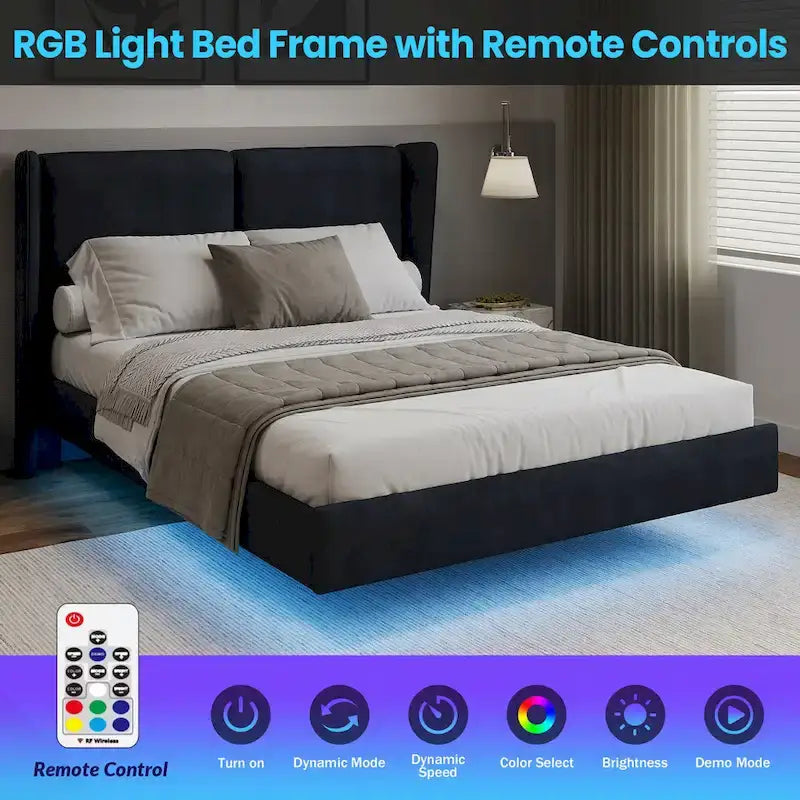 Lit plateforme queen-size en velours beige/gris avec éclairage LED RVB sous le lit – 2 places