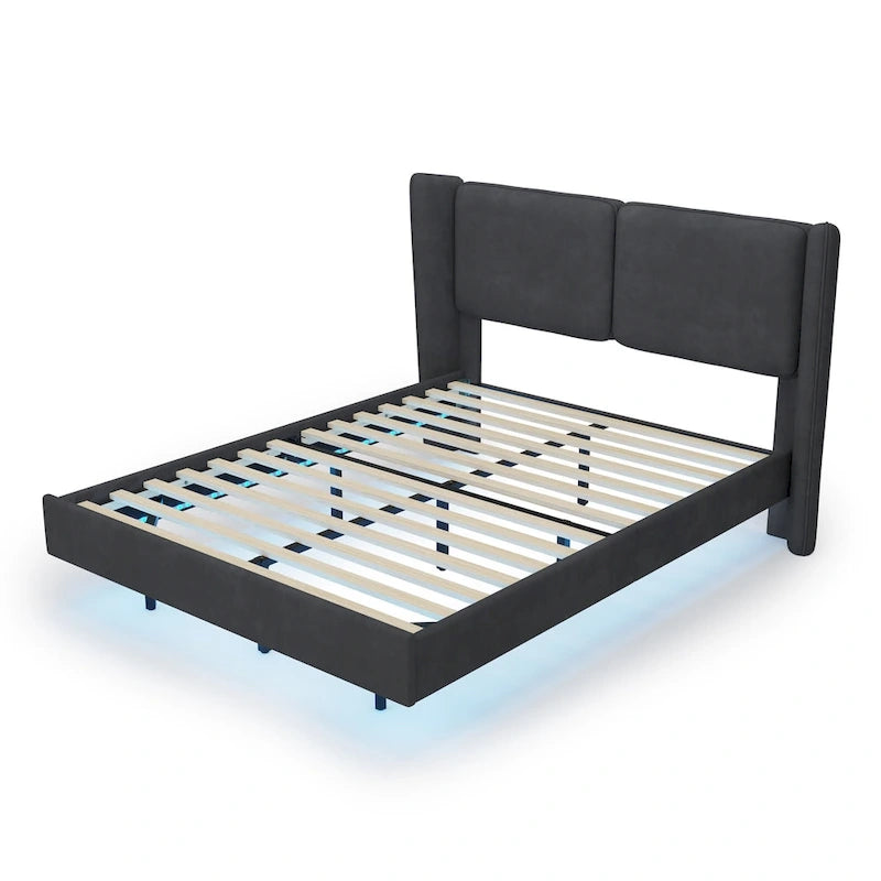 Lit plateforme queen-size en velours beige/gris avec éclairage LED RVB sous le lit – 2 places