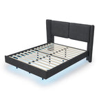 Lit plateforme queen-size en velours beige/gris avec éclairage LED RVB sous le lit – 2 places